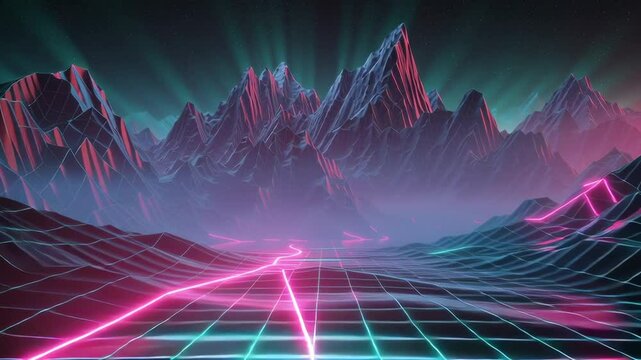 Neon landscape mountains synthwave grid aesthetic background wallpaper art design image. Ideal for gaming channel intros, electronic music visualizations, retro-tech product launches, cyberpunk movie.