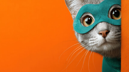 A curious cat in a teal superhero suit with a mask peeking out on a solid orange background with cute inquisitive energy