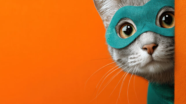 A curious cat in a teal superhero suit with a mask peeking out on a solid orange background with cute inquisitive energy