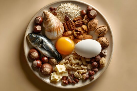 Assorted Food Allergens with Eggs Nuts Dairy and Gluten on Rustic Ceramic Plate perfect for nutrition posters, allergy awareness campaigns and medical blog illustrations