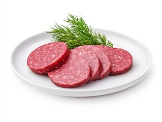 Sliced sausage on a plate with fresh dill