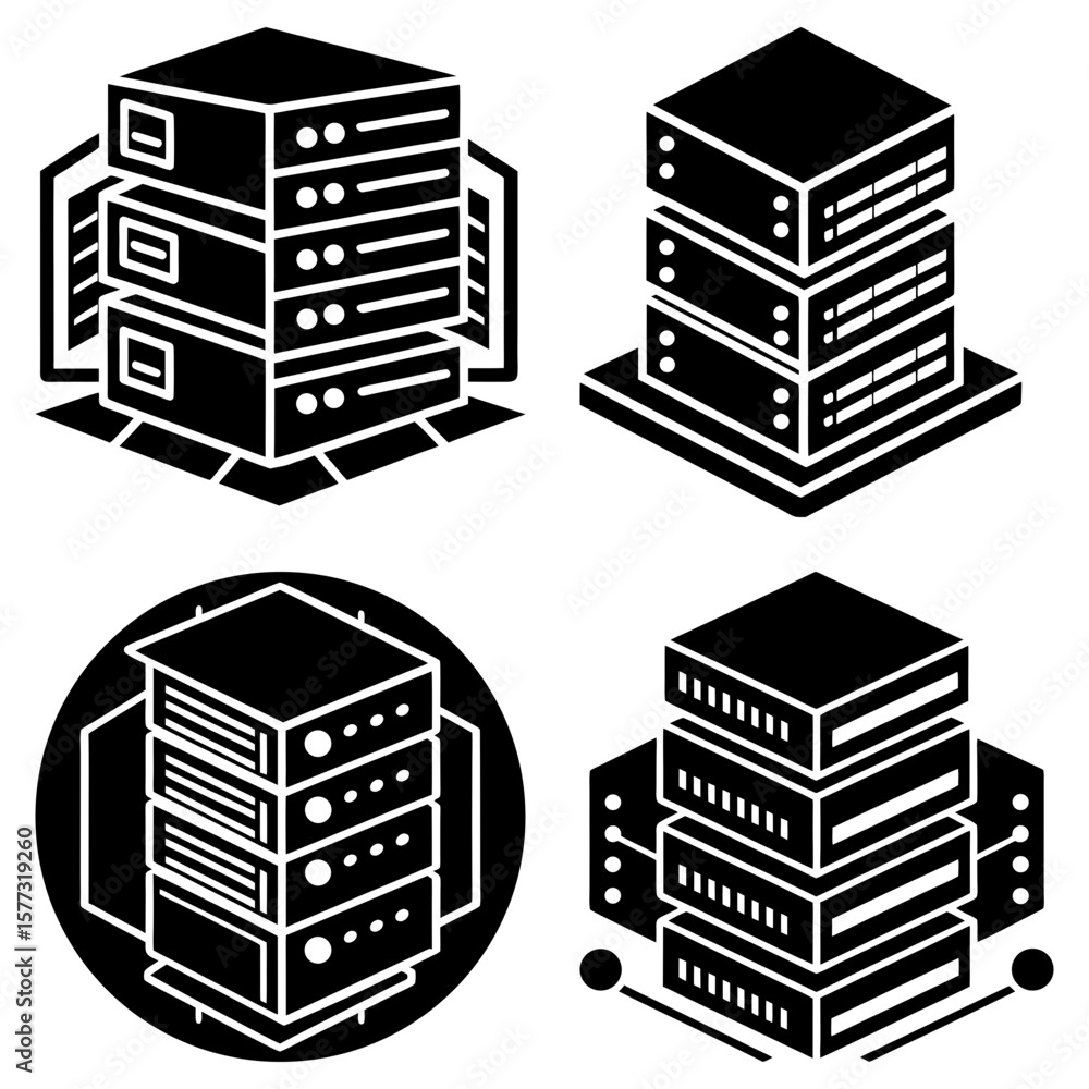 Poster isometric server stacks in black and white featuring different shapes and server configurations show
