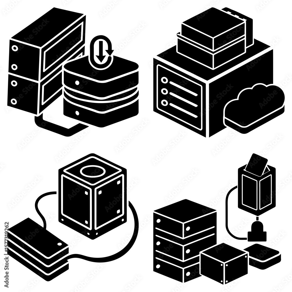 Poster isometric view of black and white server configurations and data storage network infrastructure icon