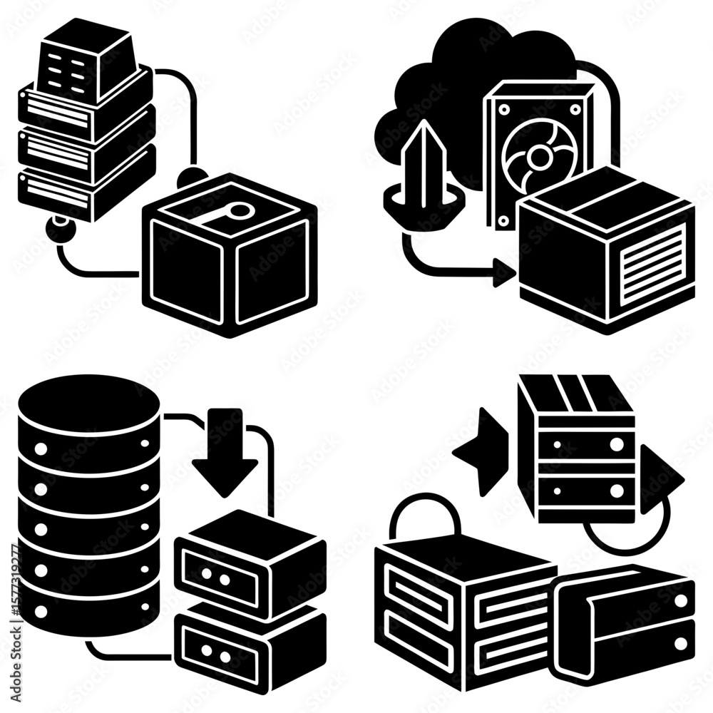 Poster illustration showing various data transfer methods including cloud and server connections represente