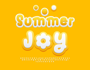 Vector Sunny logo Summer Joy. Festive Funky Font. Cute Children Alphabet Letters and Numbers set. 