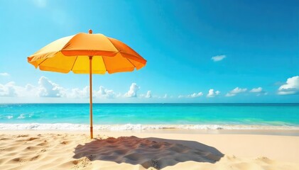 Fototapeta premium Vibrant beach umbrella providing shade on a sunny day, casting a shadow on the golden sand Perfect for summer vacation, relaxation, and coastal imagery , pole, textile