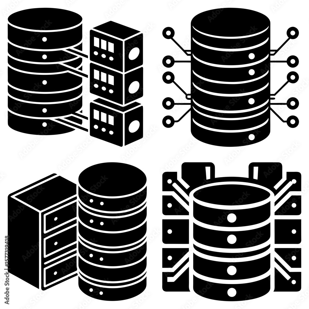 Poster illustration of four database server icons with different connection styles and storage configuratio