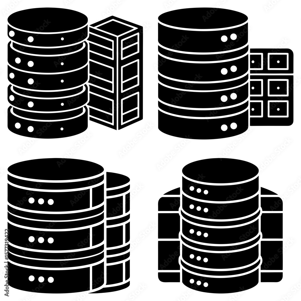 Poster illustration of four database servers and storage units in black and white simple vector graphic sty