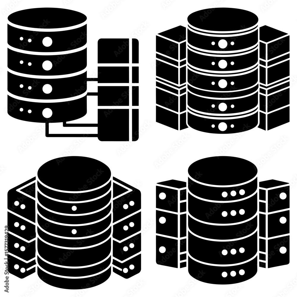 Poster illustration of four black server icons with multiple hard drives and network connections displayed