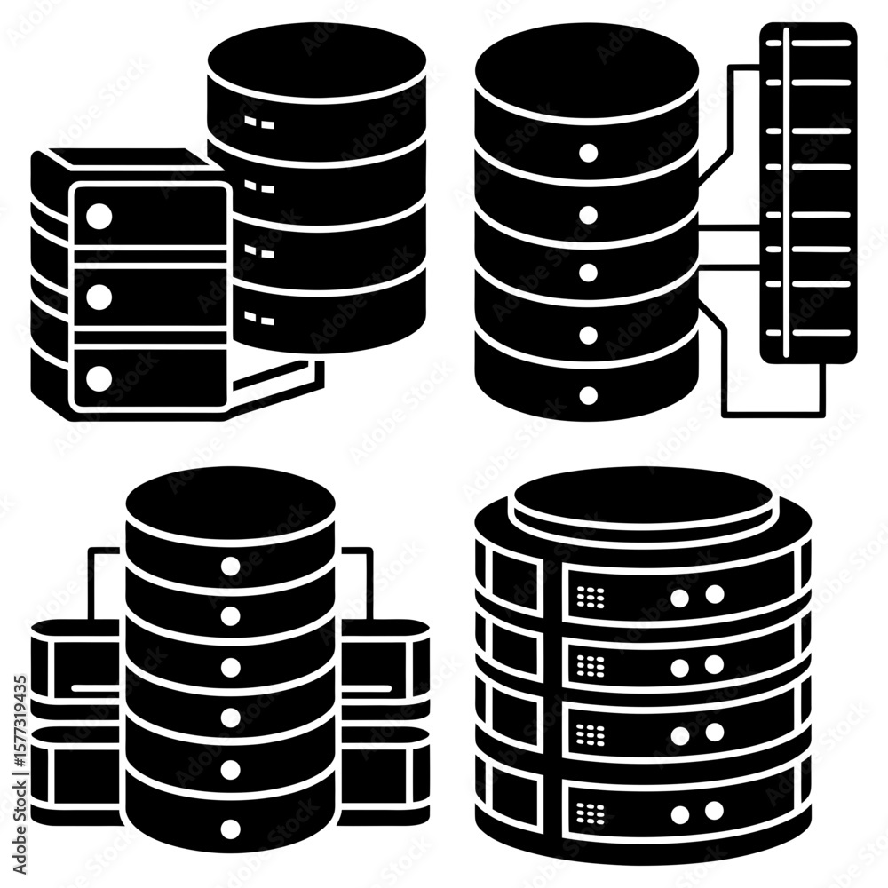 Poster illustration of four database server icons showing various configurations and connections for data s