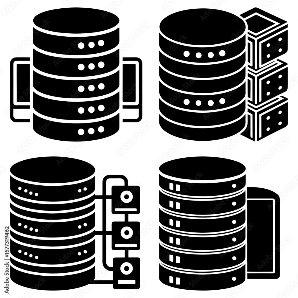 Poster illustration showing four variations of database server icons in a simple black and white style