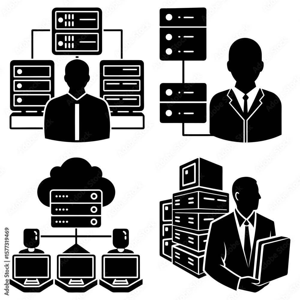 Poster illustrations showing network servers, cloud computing and people managing data connections and syst
