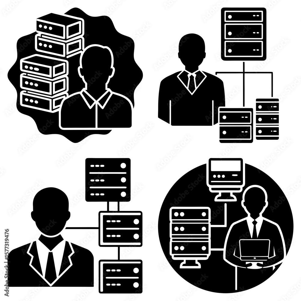Aufkleber illustrations of server management with people and server stacks in various configurations and setti