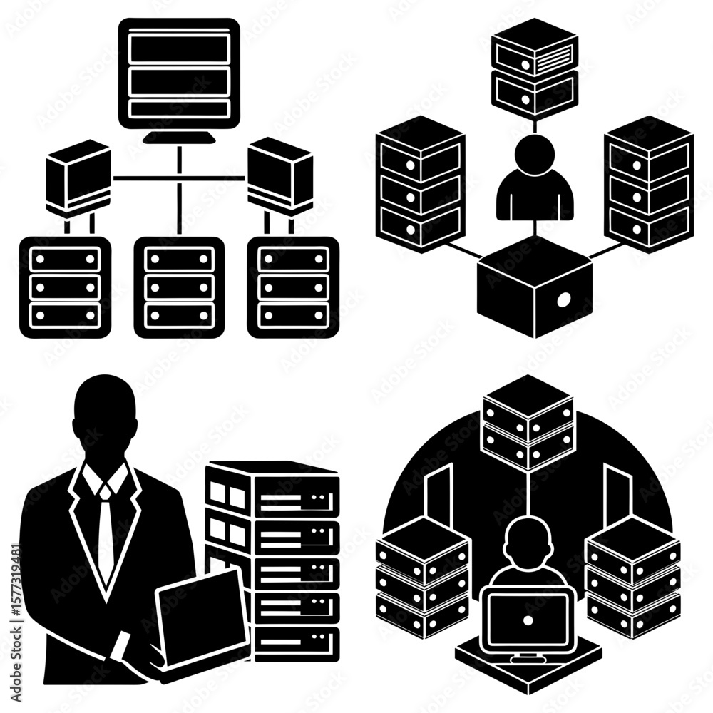 Poster illustration showing server network configurations and data management with silhouette figures and d