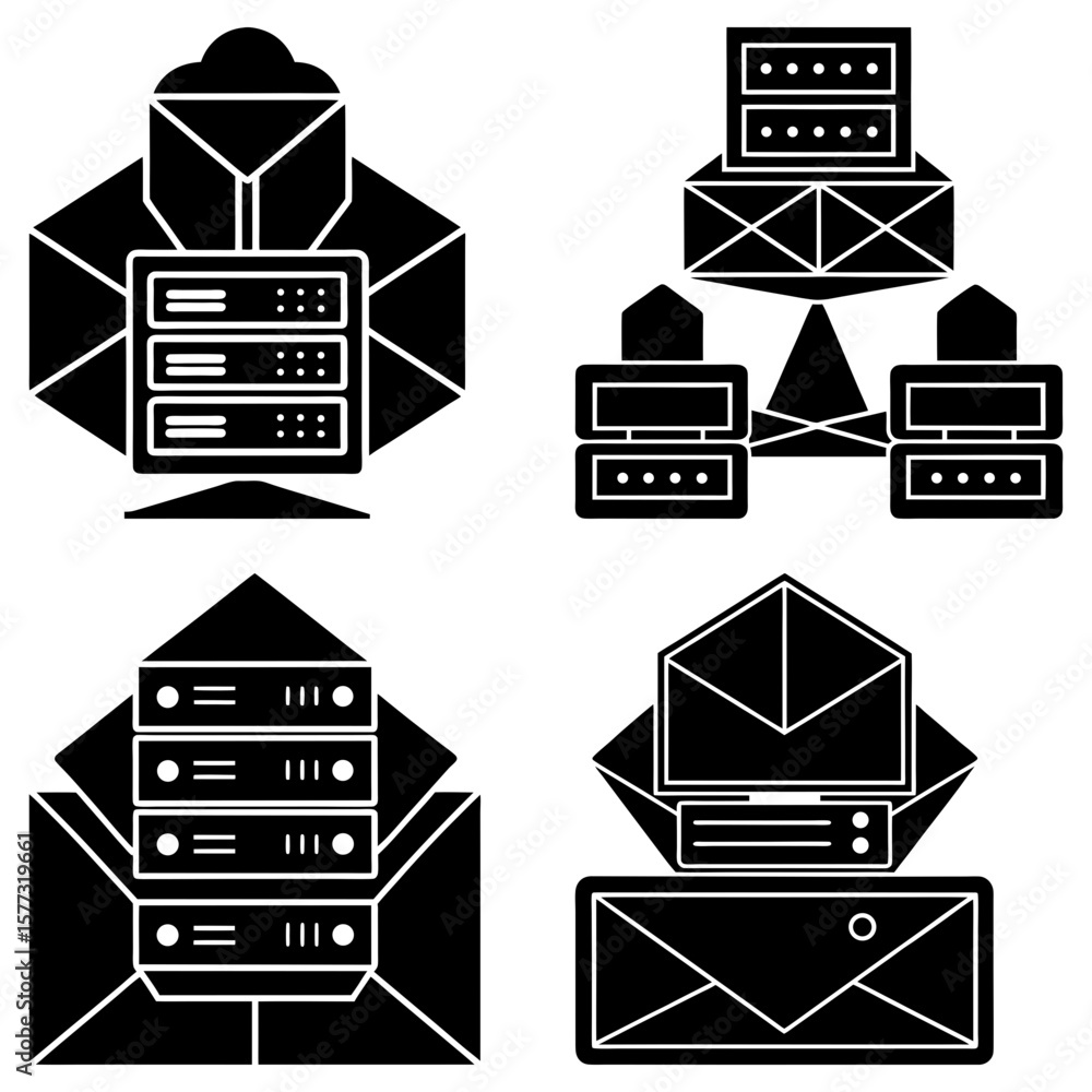 Poster illustration of server and email icons arranged in a grid pattern on a white background design style