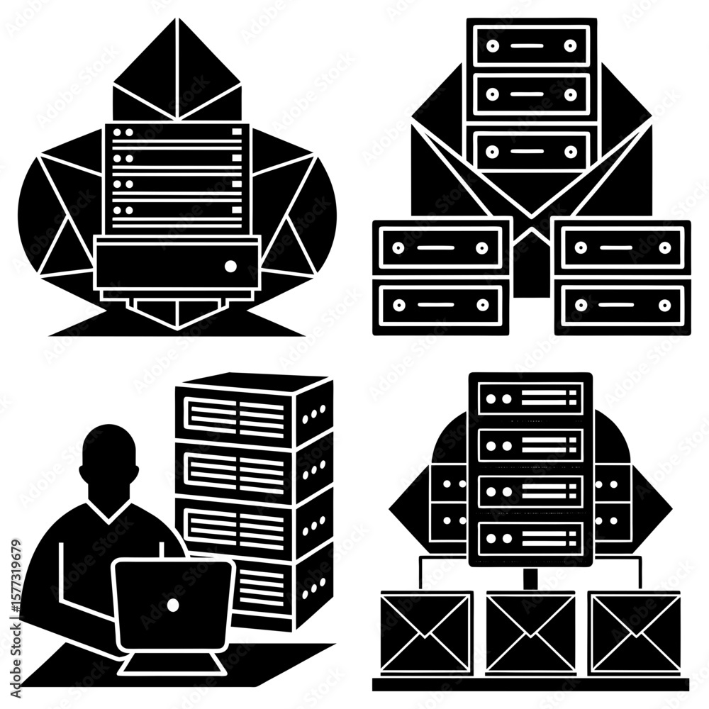 Poster illustrations depicting server racks and data management with a person using a laptop at a desk setu