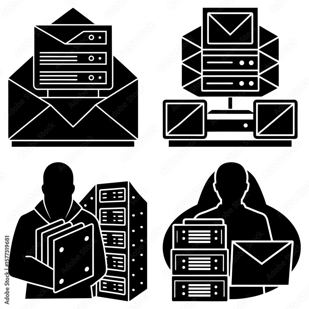 Poster four black and white icons depicting data servers emails and a person holding data files and a serve