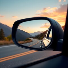 car, mirror, road, driving, view, reflection, speed, sky, travel, highway, drive, rear, auto, motion, landscape, side, rearview, window, transportation, vehicle, traffic, trip, sunset, asphalt, transp