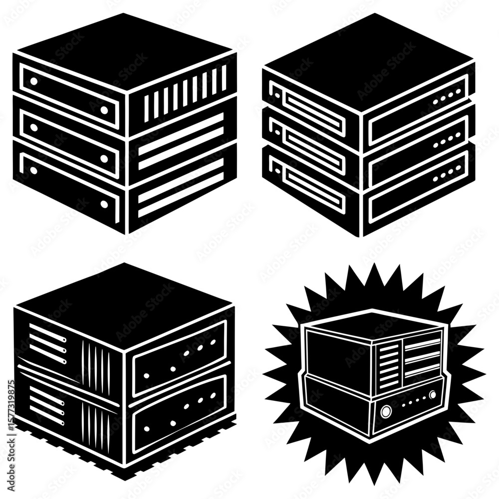 Poster illustration of multiple server racks depicted in black and white with different design variations s