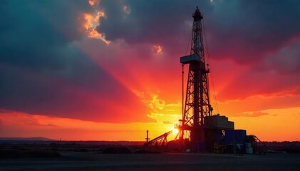 A drilling rig silhouetted against a dramatic sunset, powerful machinery extracting natural gas from the earth The scene showcases the scale and impact of energy production , oil rig, power