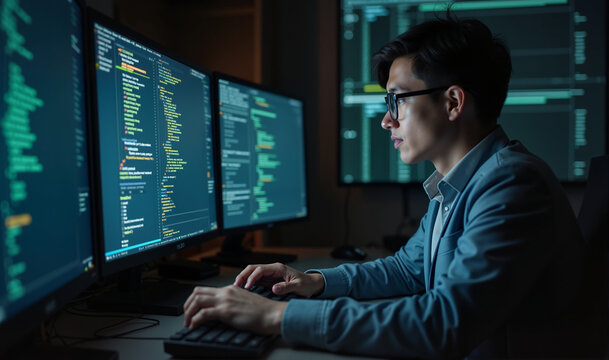 A focused programmer analyzes data on multiple screens in a dark workspace, showcasing the modern digital workspace and coding environment.