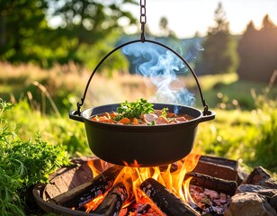 Outdoor cooking, hearty stew, campfire