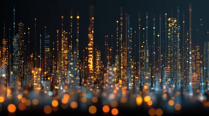Abstract futuristic cityscape with glowing lights and digital data on a dark background, a technology wallpaper