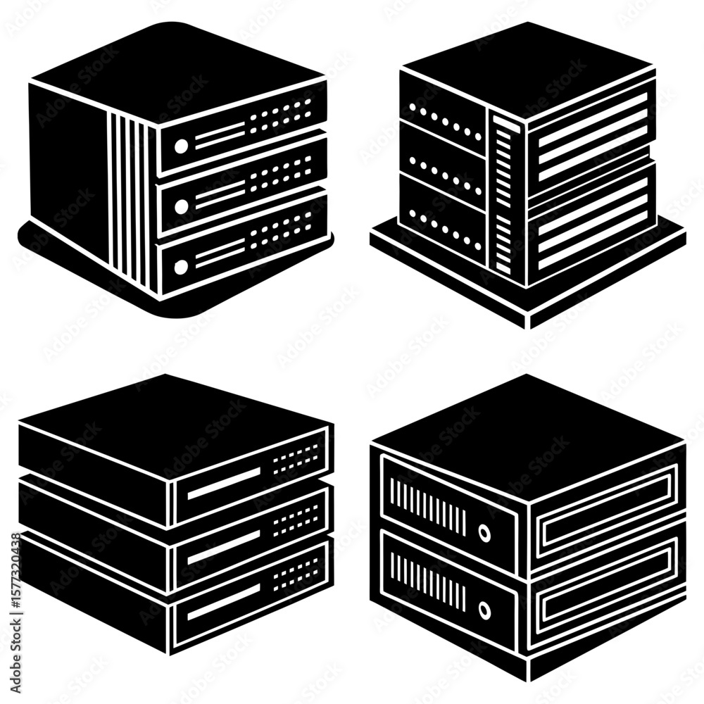 Poster isometric illustration of four server racks with different designs in black and white color scheme