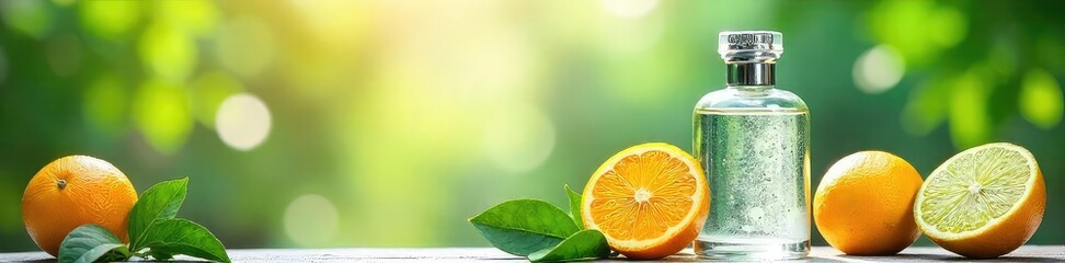A refreshing summer cologne spritz, sun-drenched citrus fruits and vibrant green leaves in a bottle Perfect for hot weather , stylish, beach
