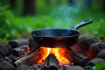 A rustic cast iron pan sits on a crackling campfire, surrounded by lush green foliage and glowing embers Perfect for cooking outdoors, creating a delicious and memorable meal , heat, green, grill