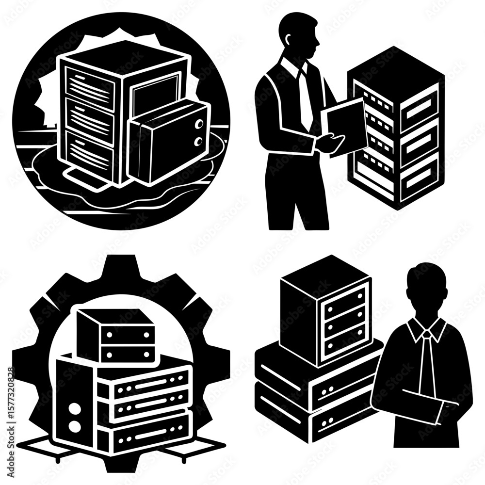 Poster collection of server rack illustrations showcasing data management and information technology concep