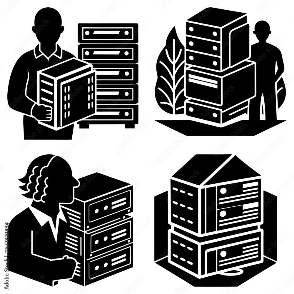 Poster four illustrations showing people interacting with computer servers in various configurations and se