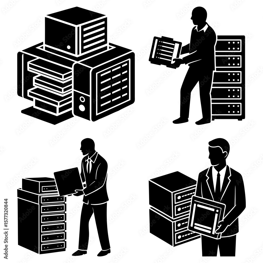 Poster illustrations showing men in suits interacting with server racks and computer hardware components se