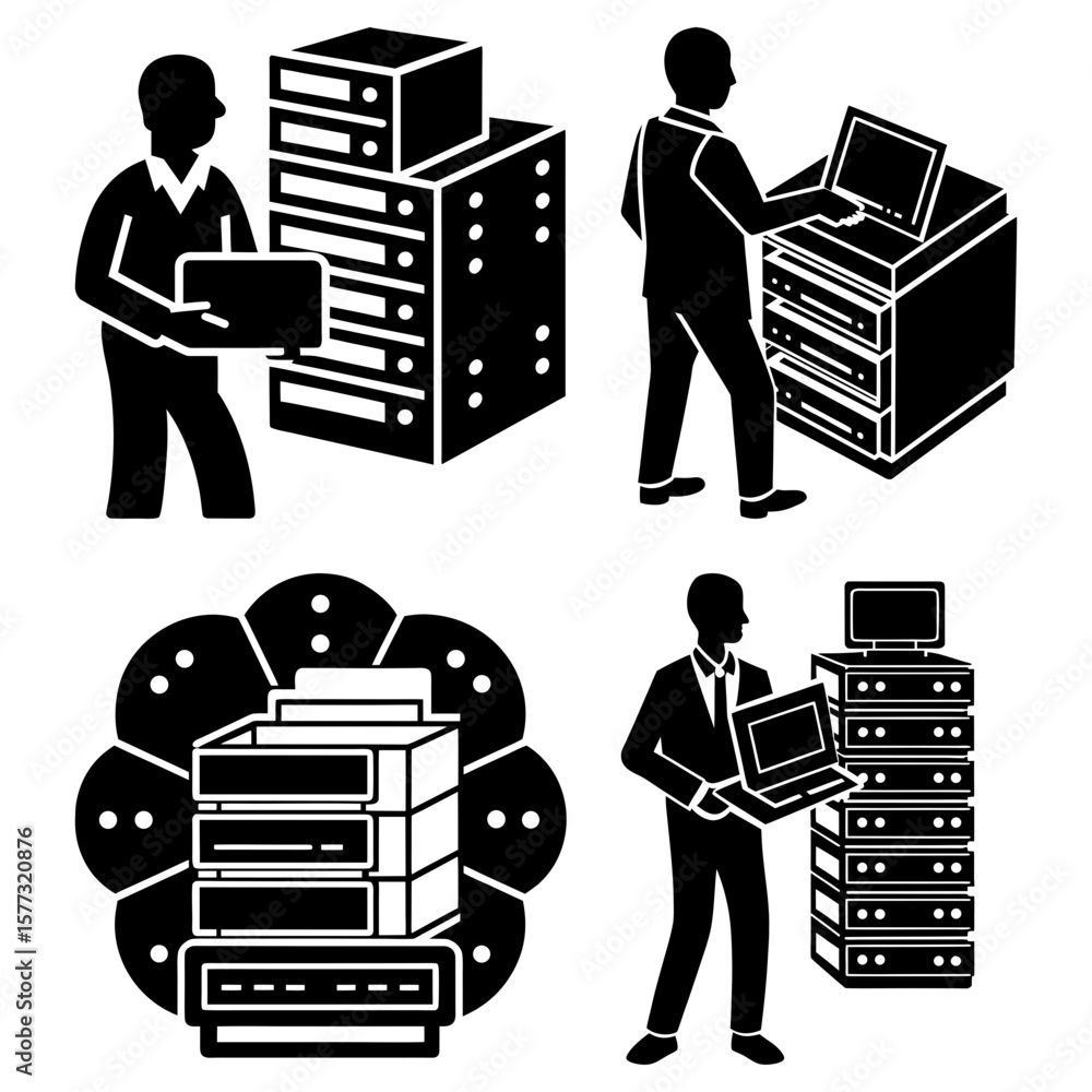 Poster illustrations of men interacting with server racks and computers in black and white style