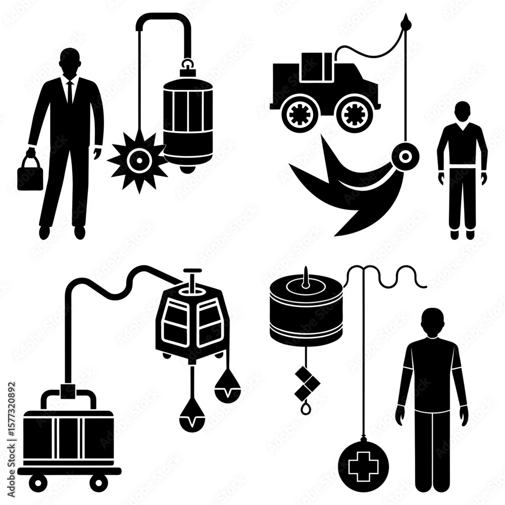 Poster illustrative depiction showcasing diverse objects and human figures in a monochromatic style format 