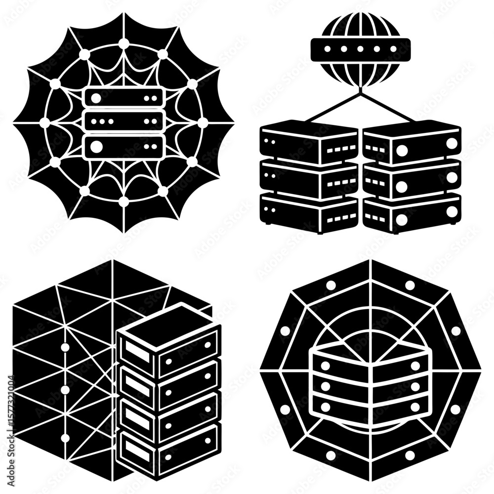 Poster illustration of four server configurations with network connections in a geometric design pattern st