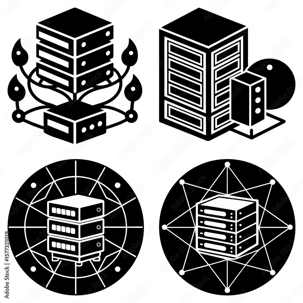 Poster illustration showing four server rack icons with different design elements in black and white color 