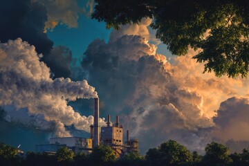 An industrial plant with smoke coming out of the chimney, a sunrise, and a jungle landscape
