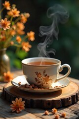 A steaming cup of herbal tea sits on a rustic wooden table, surrounded by dried flowers and a calming atmosphere Perfect for relaxation and wellness concepts , flowers, herbal tea, remedy