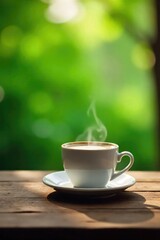 A steaming cup of coffee sits on a rustic wooden table against a blurred background of lush greenery, perfect for a relaxing atmosphere , coffee, plants, cup