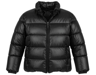Classic Black Puffer Jacket Front View with Zipper Closed and High Collar, Transparent Background