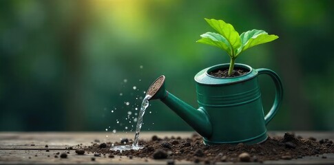A stressed-out plant wilting under the weight of a heavy watering can, its leaves drooping dramatically Represents burden, pressure, and overwhelming tasks , green, stress, gravity