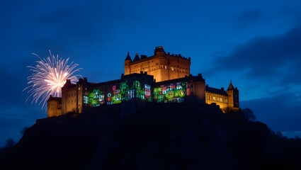 Obraz premium Historic Edinburgh Castle, Dazzling Night View with Festive Lanterns