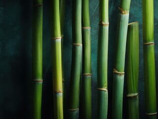 Fototapeta premium Beautiful green bamboo background, the texture of fresh green bamboo shoots, dark background