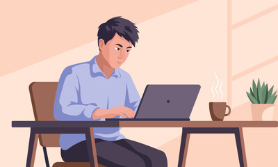 Man working with laptop at home. Vector illustration in cartoon style.