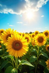 Fototapeta premium A vibrant sun shines on a field of sunflowers, radiating joy and positive energy The bright yellow blooms represent pure, unadulterated happiness and summer bliss , bloom, botanical, positive