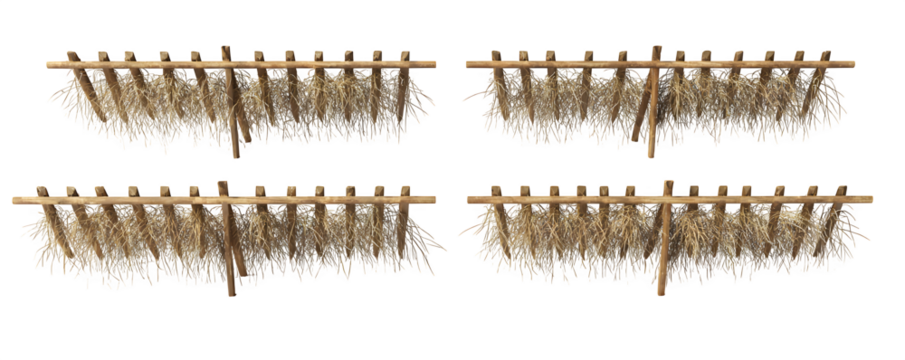 Clean Isolated Studio-Lit Four hay rakes arranged side transparent background, PNG cutout, ideal for web banners and marketing materials, HD asset, premium resource, digital downloads