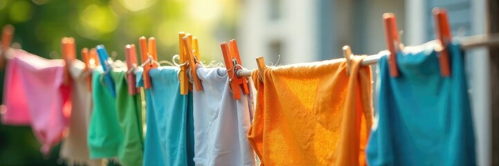 Brightly colored clothes pegs securing laundry on a rustic wooden clothesline, gently swaying in a soft breeze Perfect for spring, summer, and home decor themes , hanging clothes, idyllic