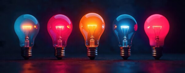 Brightly colored lightbulbs illuminating a dark space, radiating energy and innovative thinking Perfect for concepts of inspiration, creativity, and new ideas , night, solution