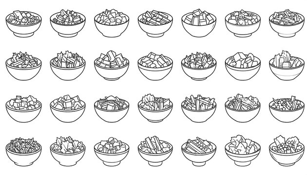 Outline drawings of food in bowls